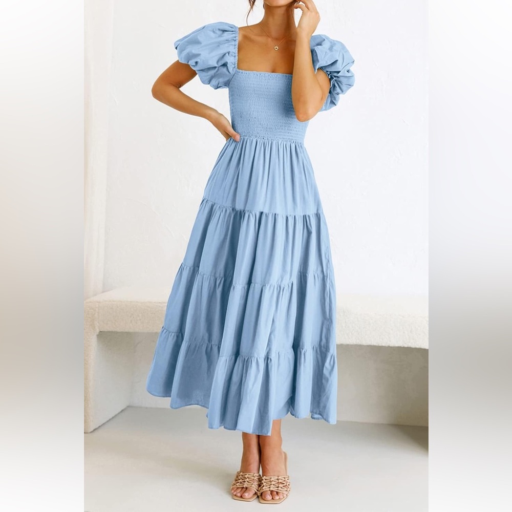 Midi Dress Puffy Short Sleeve Square Neck Smocked Tiered Ruffle Dress, blue